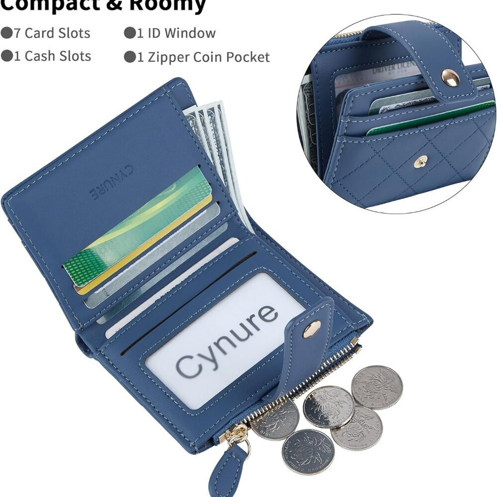 Women's Cute Leather Card Holder Small Compact Bifold Wallet with Zip Coin Pocke - Picture 2 of 6